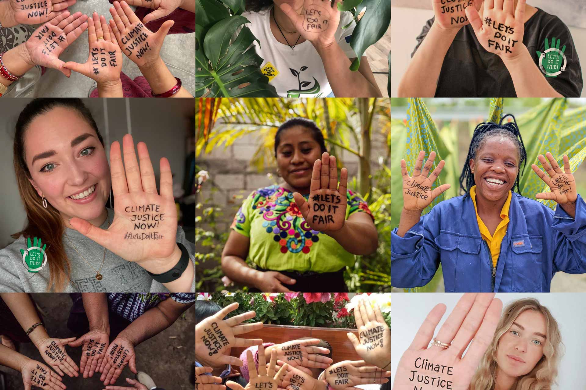 Kvinnor som visar händer med texten Climate Justice Now – Let's Do It Fair