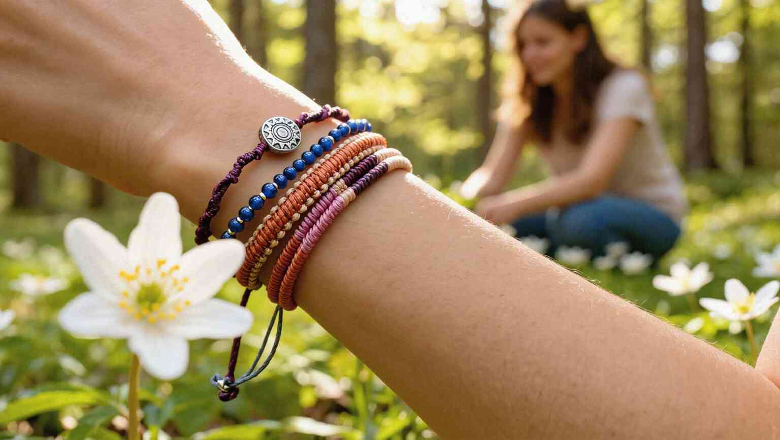 En kvinna med Earth Bracelet-armband njuter av en slänt med liljekonvaljer i vårsolen.